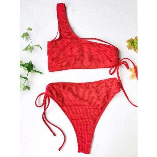 Solid Red Swimsuit 2021 Swimwear Women Sexy One Shoulder Bikini sexy Cut Out Bandage High Waist Bikini Set Bathing Suit Biquini
