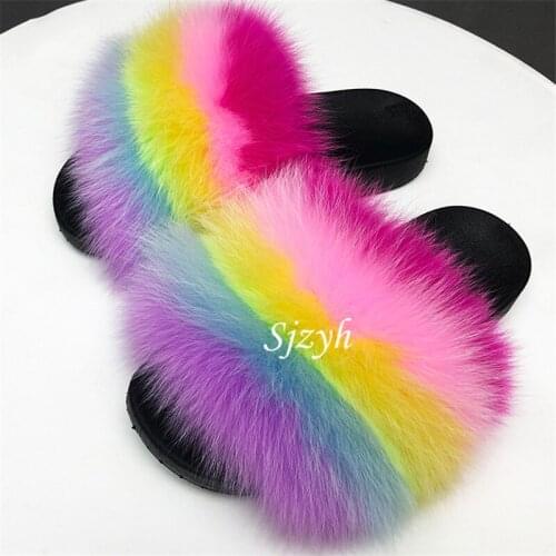 Wholesale Childrens Fox Fur Slippers Girls Luxury Fluffy Fur Slides Kids Rainbow Furry Flip Flops Summer Baby Plush Sandals