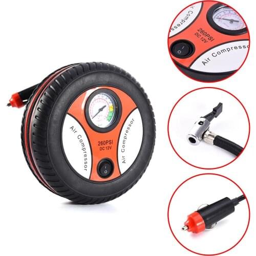 260PSI DC 12V Portable Electric Mini Tire Inflator Air Compressor Car Auto Pump Tire Provide Pressure Gauge and 3 Nozzle Adapter