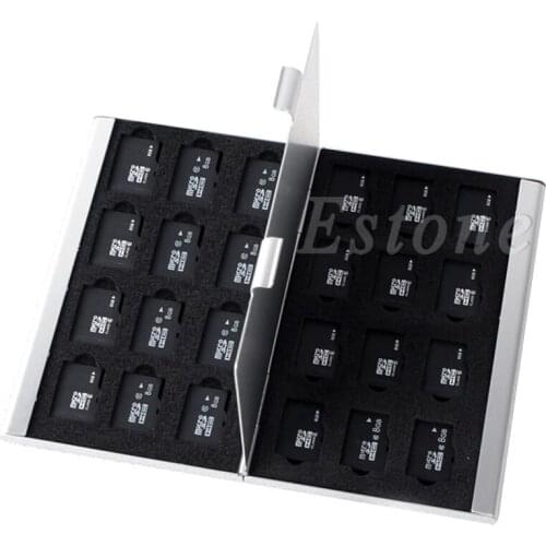 Silver Aluminum Memory Card Storage Case Box Holder For 24 TF Micro SD Cards