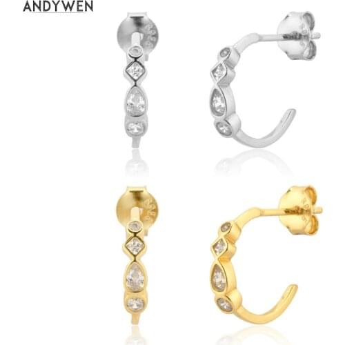 ANDYWEN 925 Sterling Silver Gold 2021 9mm Clear Circle Hoops Piercing Clips Pendiente Luxury Fashion Ctystal Jewelry Gift