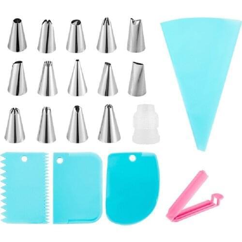 20Pcs Blue Silicone Pastry Bag 304 Stainless Steel Nozzle DIY Cake Decorating Tip Set for Icing Piping Cream Cookie Baking