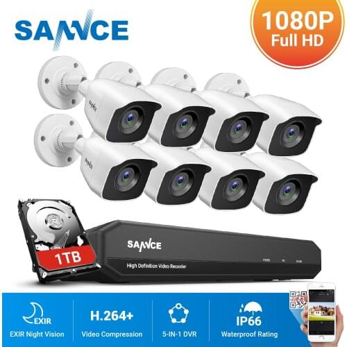 SANNCE 8CH 1080P Lite DVR CCTV Secuarity System 8pcs 2.0MP Cameras IR Indoor Outdoor Waterproof IP66 Video Surveillance Kit