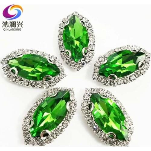 Grass green eye shape Top grade Glass Crystal buckle,Sliver bottom sew on loose rhinestones,Diy/wedding decoration SWHEK16