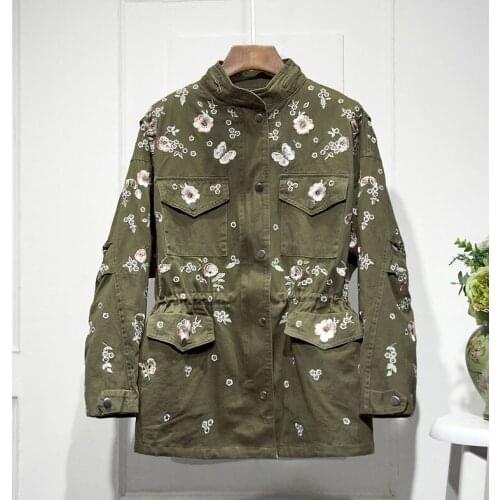 Heavy Industry Embroidery Flower Drawstring Waist Denim Jacket for Women 2021 Autumn Loose Casual Windbreaker Frock Jacket Coats