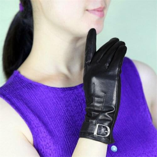 Women Gloves Genuine Leather Sheepskin Gloves Female Autumn Winter Plush Lined Elegant Metal Buckle Driving Mittens XC-112