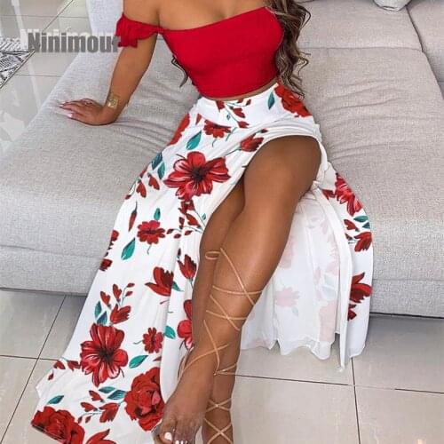 2021 Summer Women Fashion Elegant Off Shoulder Ruffles Top & Floral Print High Slit Skirt Set Sexy 2PCS