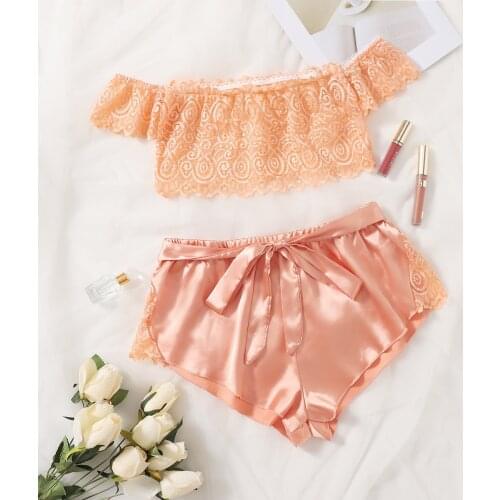 Women Sexy Lingerie Set Solid Color Floral Lace Off Shoulder Crop Top and Satin Shorts Set Ladies Exotic Underwear Set Sleepwear