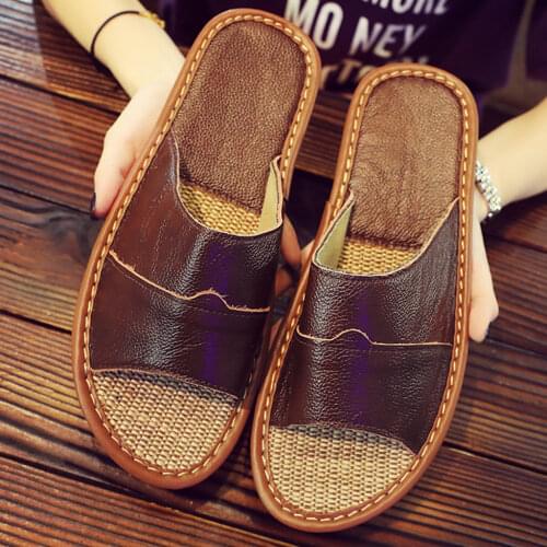 2021 Leather Mens Spring and Autumn Slippers Hemp Bottom Home Slippers Men Indoor Flat Slippers Basic Slides Men Shoes