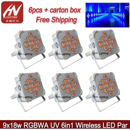 6pcs RGBWA+UV 6in1 9*18w Wireless battery par light Stage Lighting battery power led par light