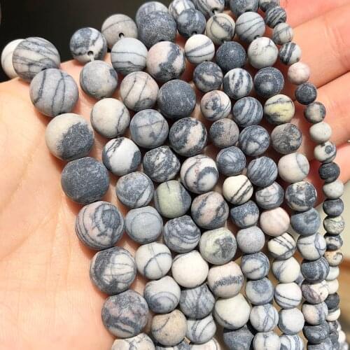 Natural Stone Matte Frosted Black Web Jaspers Loose Spacer Round Beads For Jewelry Making DIY Bracelet Accessories 15''Inches