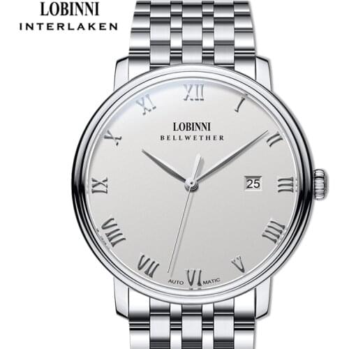LOBINNI Top Brand Classic Stainless Steel Automatic Mechanical Watches Men Ultra Thin White Dial Analog Waterproof Watches