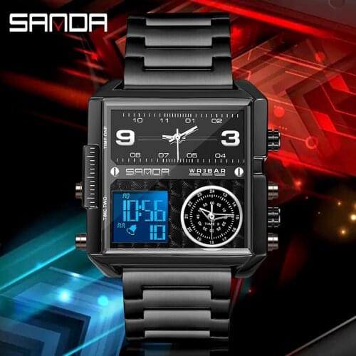 Luxury Stainless Steel Men Watch Fashion Led Digital Watches Top Brand SANDA Mens Wristwatch 3 Time Watch Waterproof Alarm Clock
