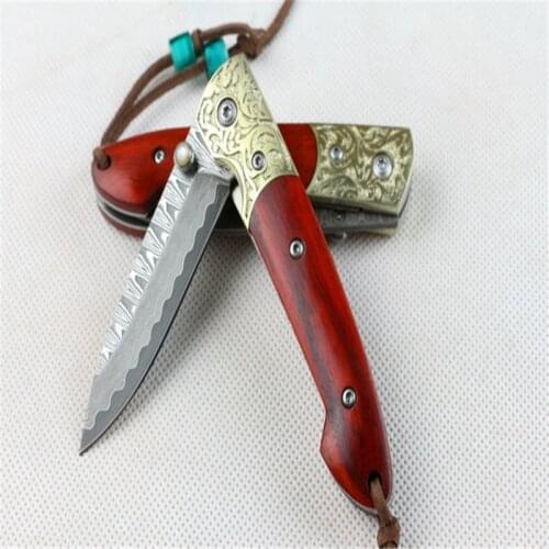 Damascus Red Tam Chariot carved pure copper+natural sandalwood high hardness sharp Blade Tactical Folding Outdoor Camping tool