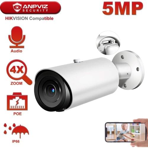 Hikvision Compatible 5MP PoE Bullet IP Camera 4X Optical Zoom SD Sard Slot Audio IP66 Video Surveillance Camera 30M IR Onvif
