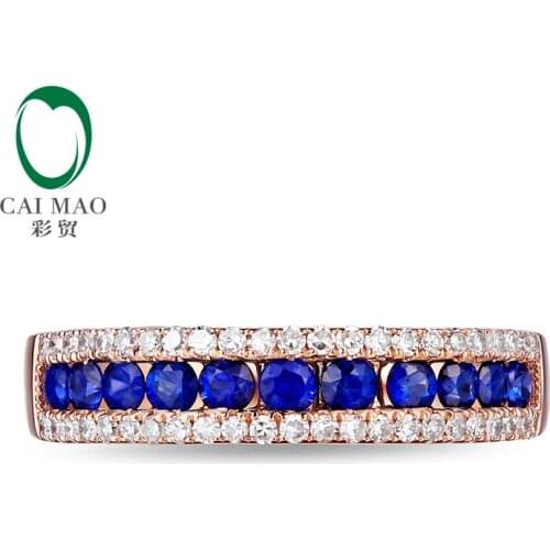 CaiMao 14KT/585 Rose Gold 0.26ct Round Cut Diamond 0.45ct Blue Sapphire Engagement Gemstone Wedding Band Ring Jewelry