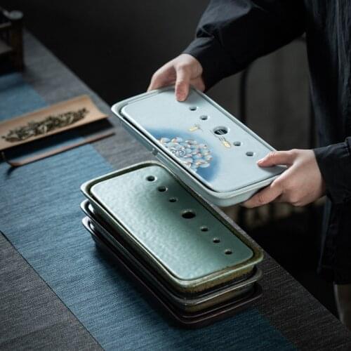 Jingdezhen Ceramic Tea Tray Japanese-Style Small Household Rectangular Double-Layer Water Storage Dry Pour Tea Tray Tea Table