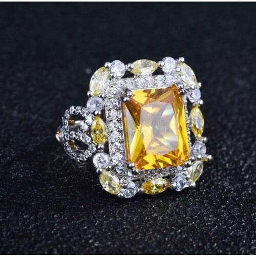 BLACK ANGEL Imitation Citrine Color Treasure Ring Micro Inlaid Luxury Princess Square Yellow Gemstone Open Ring Silver Jewelry