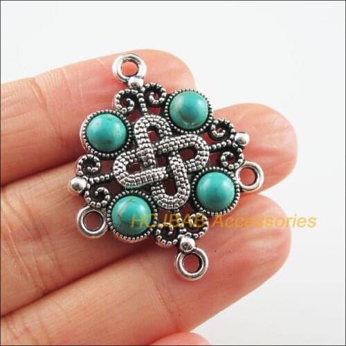 Fashion 4 New Chinese Knot Charms Tibetan Silver Color Blue Stone Connectors 30x37mm
