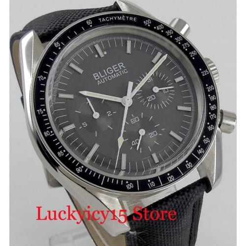 BLIGER Leather Strap Fashion 40mm Grey Dial Automatic Mens Watch Multifunction Wristwatch