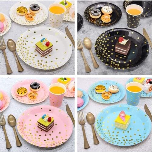 10pcs Bronzing Dot Pink Tableware Set Paper Cup Paper Tray Disposable Tableware Birthday Party Supplies Decoration 218