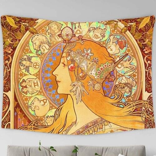 Tarot Tapestry Alphonse Mucha Western Culture Theme Wall Hanging For Bedroom Living Room Polyester Art
