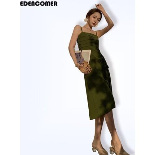 Summer New Mid-length Avocado Green Little Fairy Dresses 2021 A-shaped Waist Drawstring Suspender Holiday Dress Female Clothes