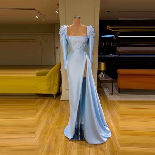 New Light Blue Evening Gowns High Slit Square Neck Long Sleeves Formal Gala Women Party Night Simple Modern Dresses
