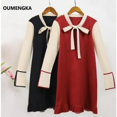 OUMENGKA Spring Women Flare Sleeve Dresses Bow Stitching Color Elegant Knitted Sweater Dress Casual Bodycon Slim Mini Vestidos