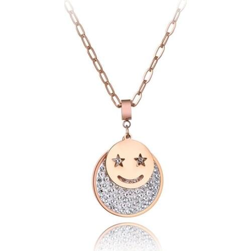 Trendy Stainless Steel Smile Face CZ Crystal Pendant Necklaces For Women Bohemia Clay Rhinestone Choker Necklace N19169