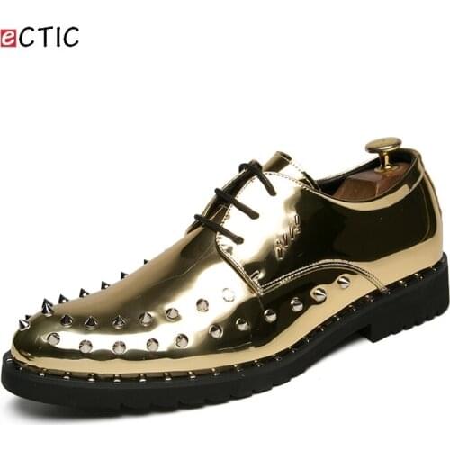ECTIC Luxury Men Spike Studs Rivet Shoes Leisure Oxford Brogue Shoes Formal Man Party Shiny Punk Style Zapatos Hombre