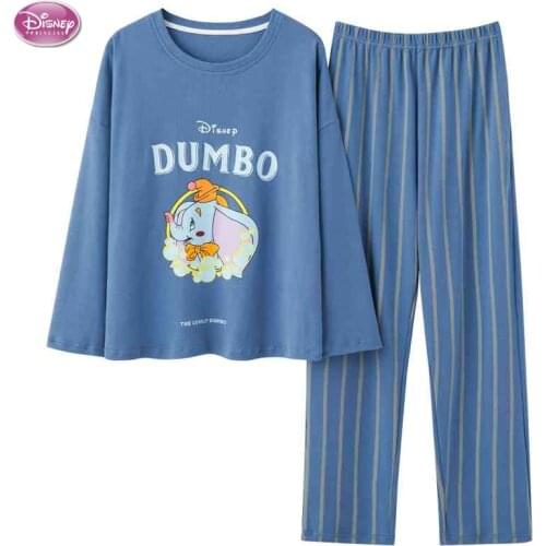 Disney Dumbo Cute Kawaii Women Pajamas Set Sleepwear Winter Top & Striped Pant Mujer Pijamas Nightwear Cotton Pyjamas Suit 2PCS
