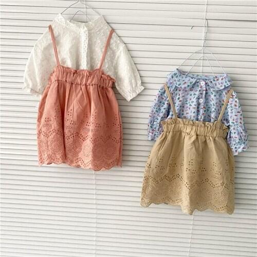 Sweet Princess Style Girls Cotton Clothes Sets Soft Breathable New Summer Baby Girls Floral Shirt+Lovely Suspender Infant Baby S