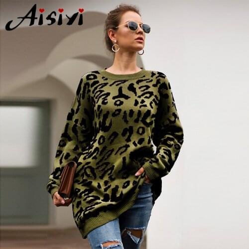 Aisiyi Long Sleeve Leopard Printed Sweater for Women Loose Casual Knitting Sweaters Women O-neck Elegant Pullovers Sweater
