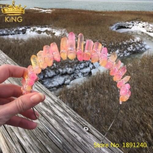 Fashion Women Crystal Crown Tiara Silvery Wire Wrapped Rose Red Yellow Quartz Point Crowns Headband Bridal Hair Jewelry