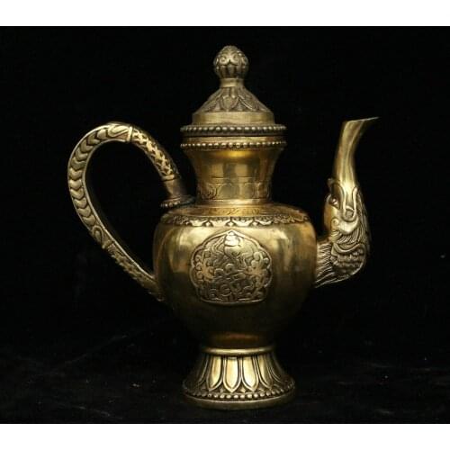 Tibet Buddhism Brass Bronze Beast 8 Auspicious Symbol Wine Tea Pot Flagon Statue