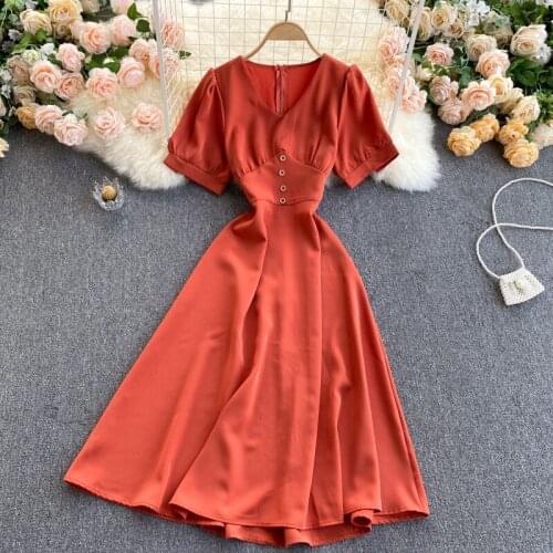 2021 Spring New French Retro Vestidos Womens V-neck Puff Sleeve Waist Slimming Fashion Midi Dress C705