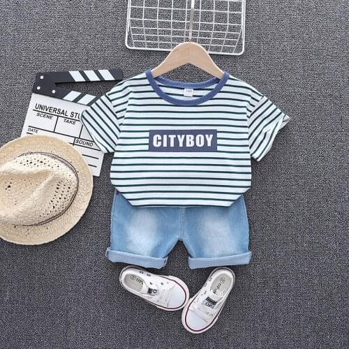 2021 Summer Toddler Baby Boys Clothes Fashion Cotton Stripe T-Shirt+Denim Shorts 2PC/Sets Casual Infant Kids Clothing 1-7Year