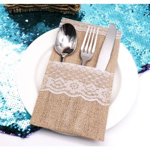 4pcs Burlap Lace Cutlery Pouch Holder Bag Hessian Jute Tableware Rustic Wedding Decoration Party Table Knife Fork Organizer