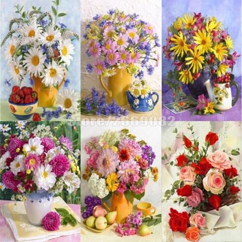 5D Diamond Embroidery Flowers Full Square Diamond Painting Vase Cross Stitch DIY Diamond Mosaic Needlework Home Decor TT1456