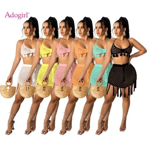 Adogirl Crochet Fishnet Tassel Beach Two Piece Set Dress Women Sexy Lace Up Halter Backless Bra Top Mini Skirt Vocation Suit