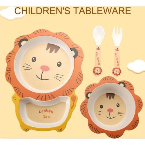 Childrens Tableware Five-Piece Suit Bamboo Plate Cartoons Set Of Dishes Plates Baby Food Supplement Tableware Bowl Fork Spoon