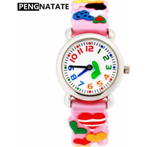 PENGNATATE Fashion Girls Kids Watch 3D Love Heart Strap Children Pink Watches Students Gift Silicone Cartoon Bracelet Wristwatch