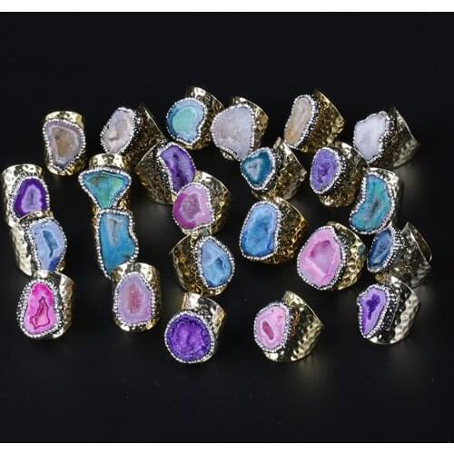 KEJI LAI IPCS Big Gold Multi Colors Geode Crystal Semi Precious Stone Slice Bead Charm Open Hammered Rings Cuff For Woman Man