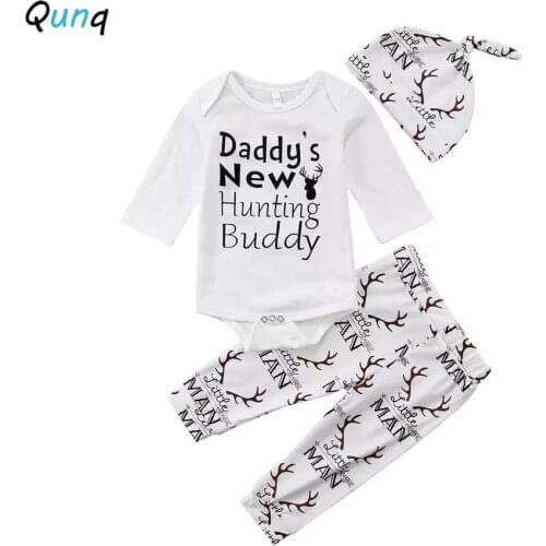 Fall Baby Clothing Set Hat Long Sleeve Bodysuits Pant 3pcs Newborn Girls Clothes Letter Printed Casual White Infant Boys Suits