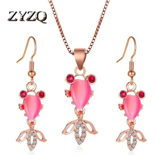 ZYZQ Goldfish Jewelry Set Cute Pink Little Goldfish Necklace Cartoon Earrings For Women Pendant Clavicle Chain