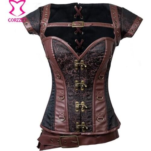 Brown Brocade Overbust Full Steel Boned Sexy Corset Steampunk Clothing Gotico Corpete E Corseletes Espartilhos Korsett For Women