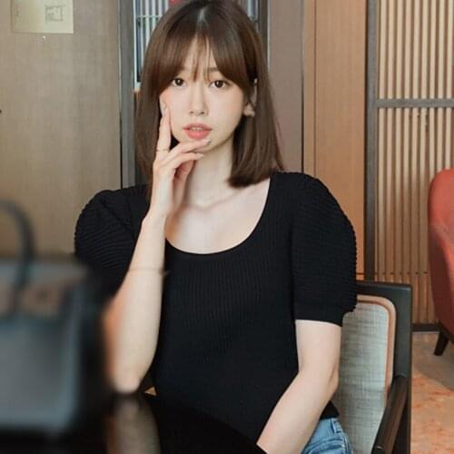 Summer Knitted Slim Pullover T-Shirt Womens Fashion Square Collar Short Sleeve Casual Tops