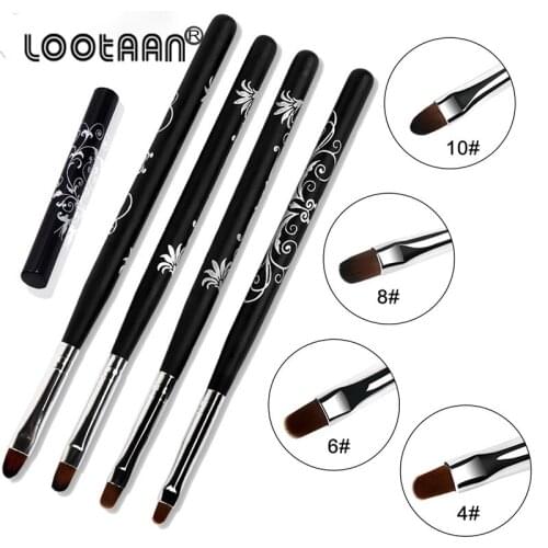 Lootaan #4#6#8#10 Nail Art UV Gel Polish Paint Nail Brush Black Wooden Handle Carved Flowers Manicure Nail Tools