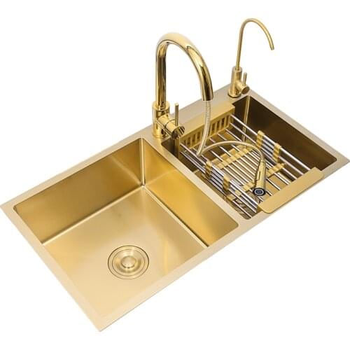 Above Counter Manual Gold Sink 304Stainless Steel Single Bowl Kitchen Sink Single Bowl Kitchen Sink Gold Drain 80x45cm